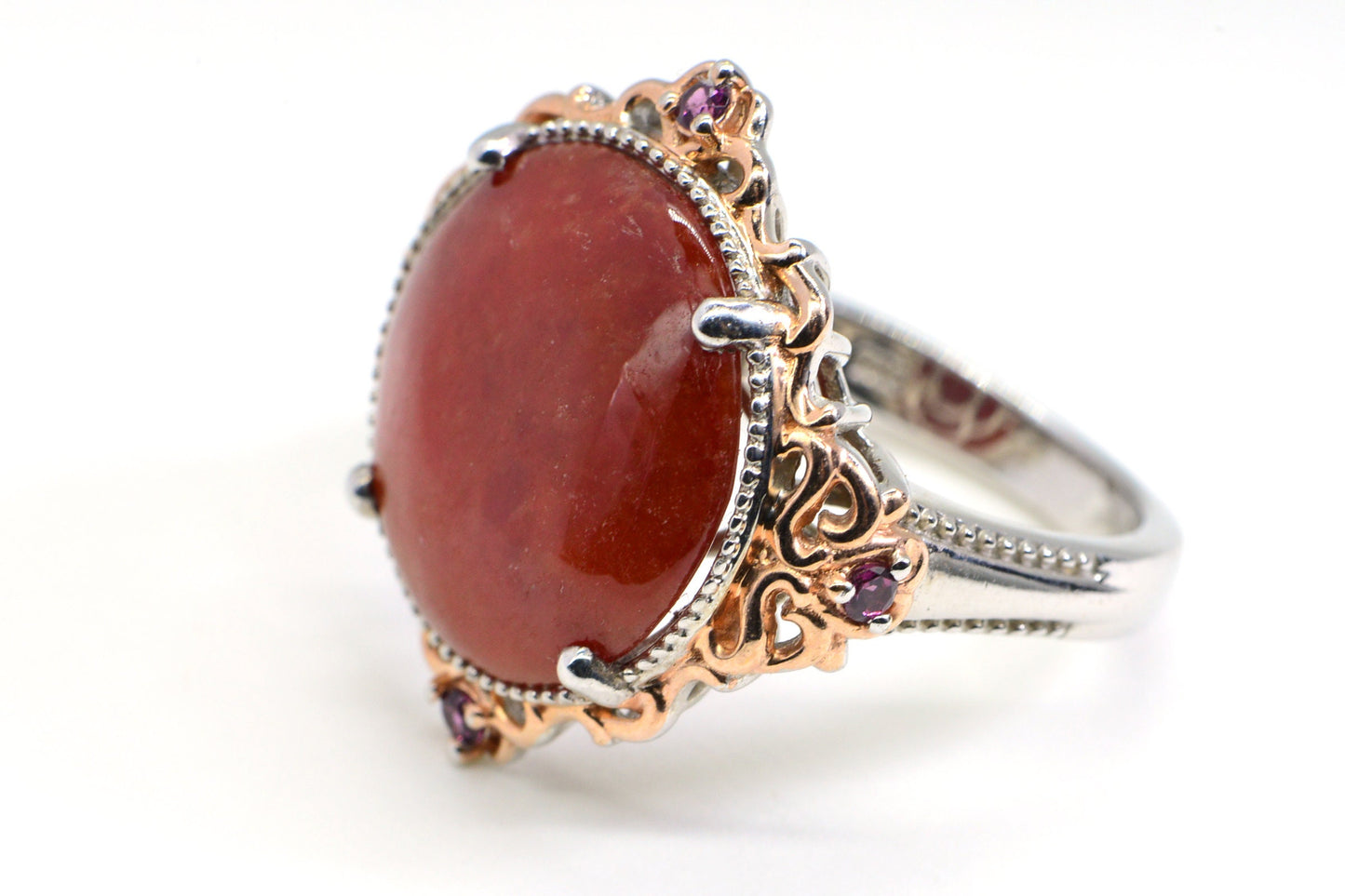 Red Jade Coattail Ring Multi Stone Two Metal Silver and Rose gold