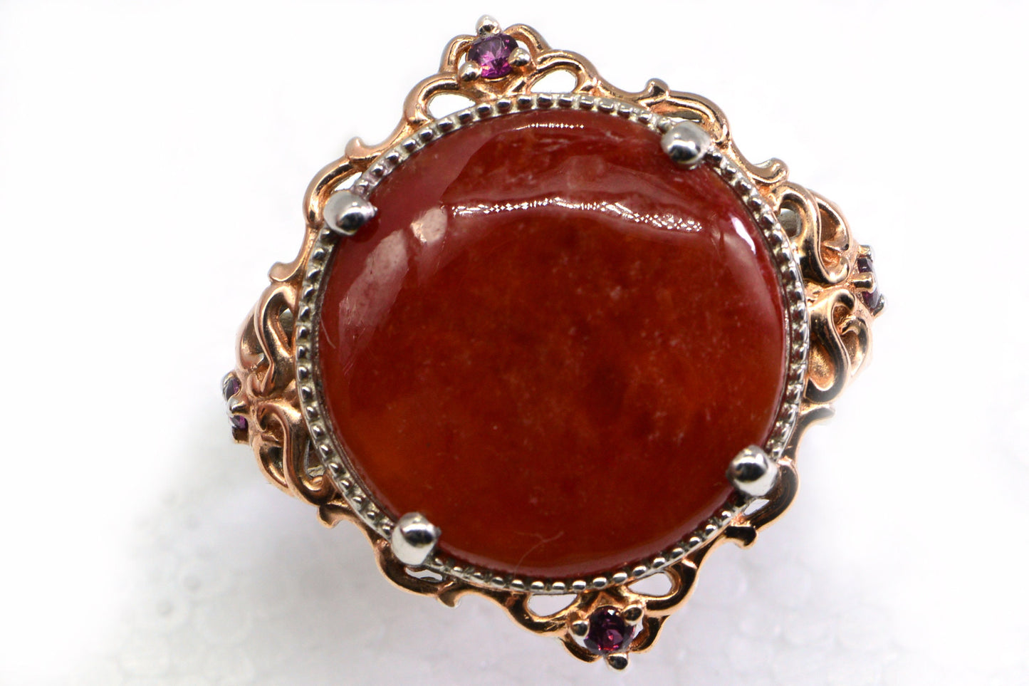 Red Jade Coattail Ring Multi Stone Two Metal Silver and Rose gold