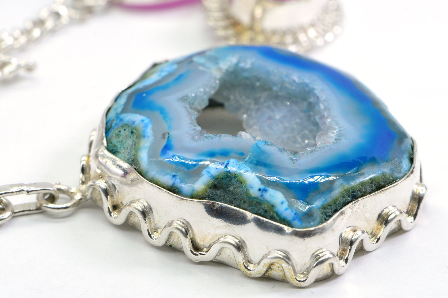 Agate Druzy Gemstone Necklace, Chunky Sterling Silver Bezel