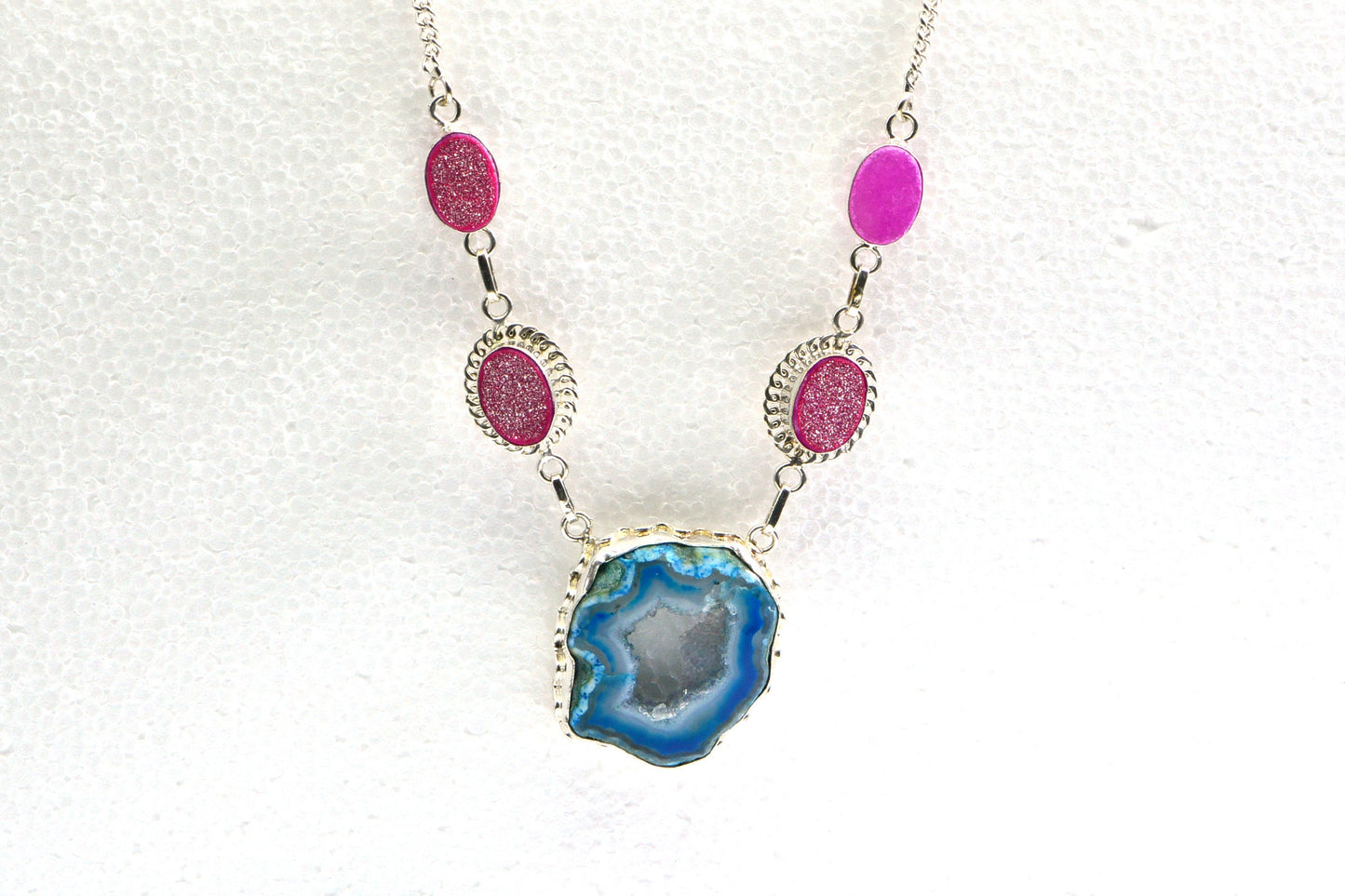 Agate Druzy Gemstone Necklace, Chunky Sterling Silver Bezel