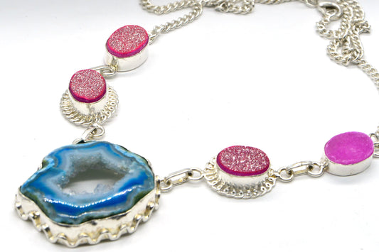 Agate Druzy Gemstone Necklace, Chunky Sterling Silver Bezel
