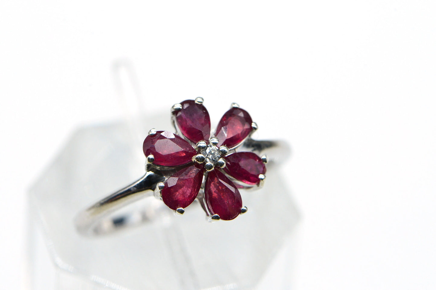 Natural Ruby and Zircon Rhodium over 925 Sterling Silver ring  Flower Design  Women Rings