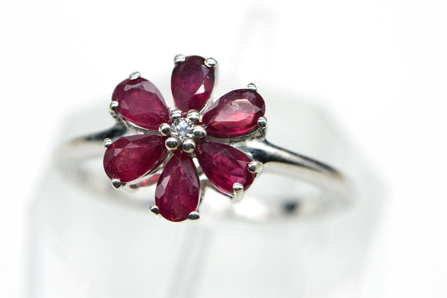 Natural Ruby and Zircon Rhodium over 925 Sterling Silver ring  Flower Design  Women Rings