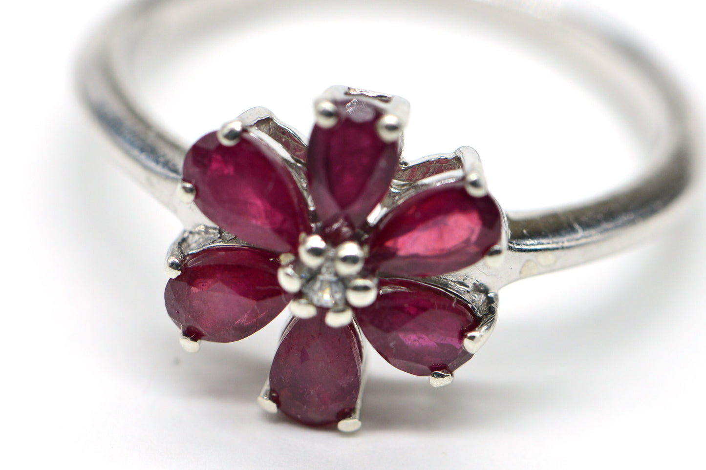 Natural Ruby and Zircon Rhodium over 925 Sterling Silver ring  Flower Design  Women Rings
