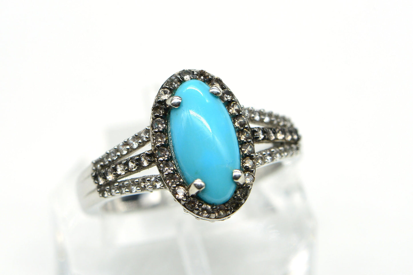 Sleeping Beauty Turquoise Ring, Halo Zircon, Sterling Silver, Handmade