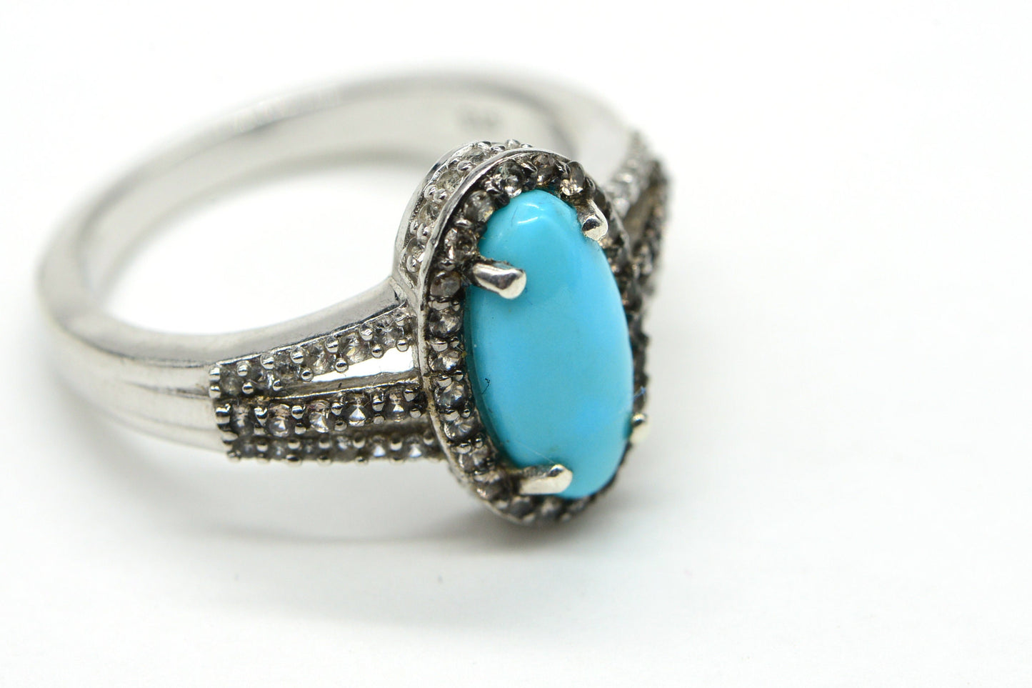 Sleeping Beauty Turquoise Ring, Halo Zircon, Sterling Silver, Handmade