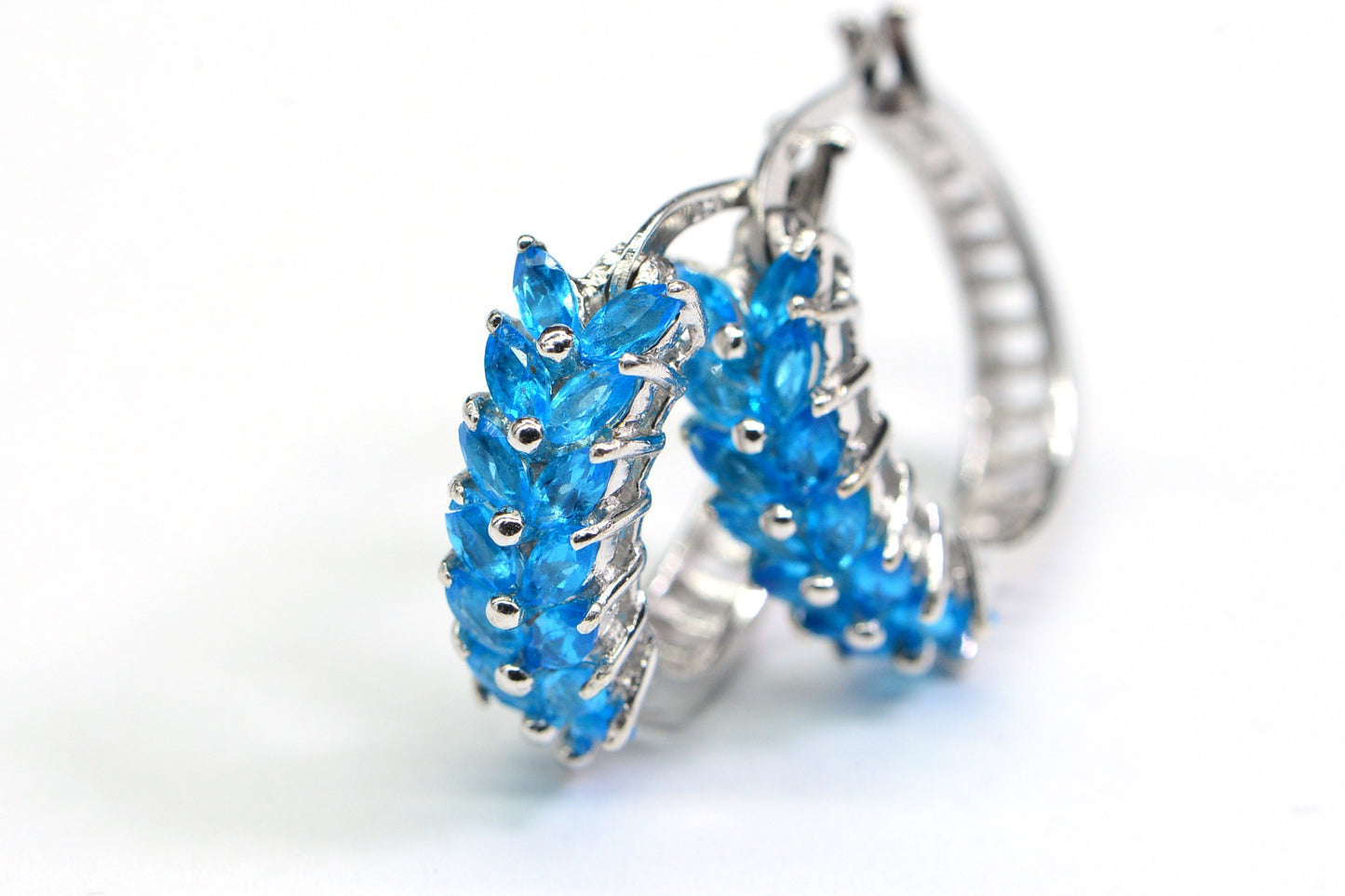 Sterling Silver Hoop Earrings with Blue Apatite Marquise