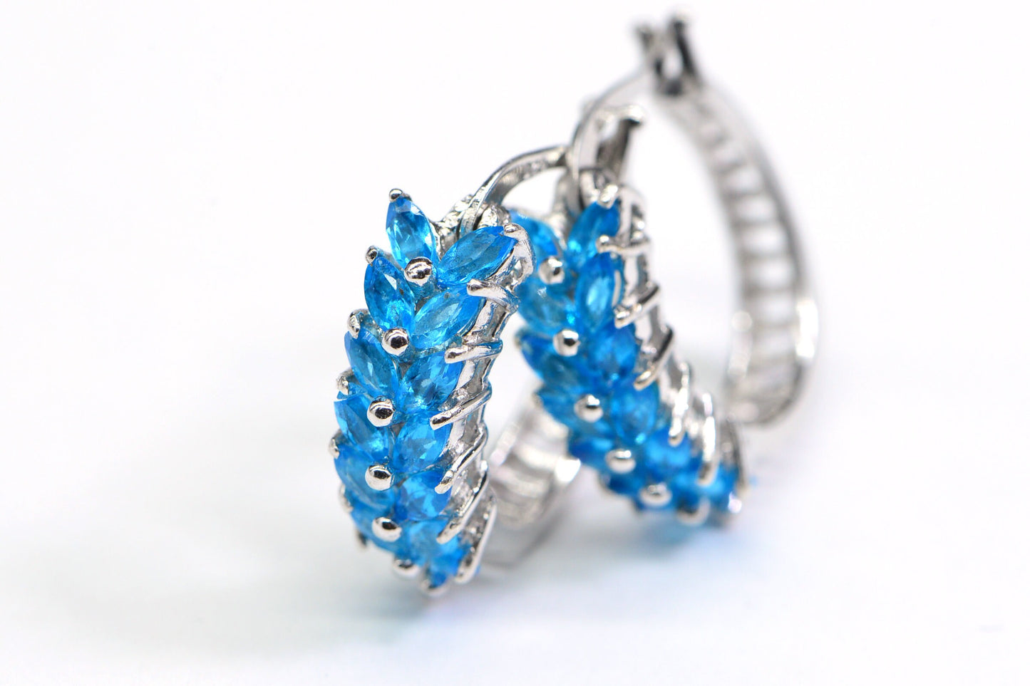Sterling Silver Hoop Earrings with Blue Apatite Marquise