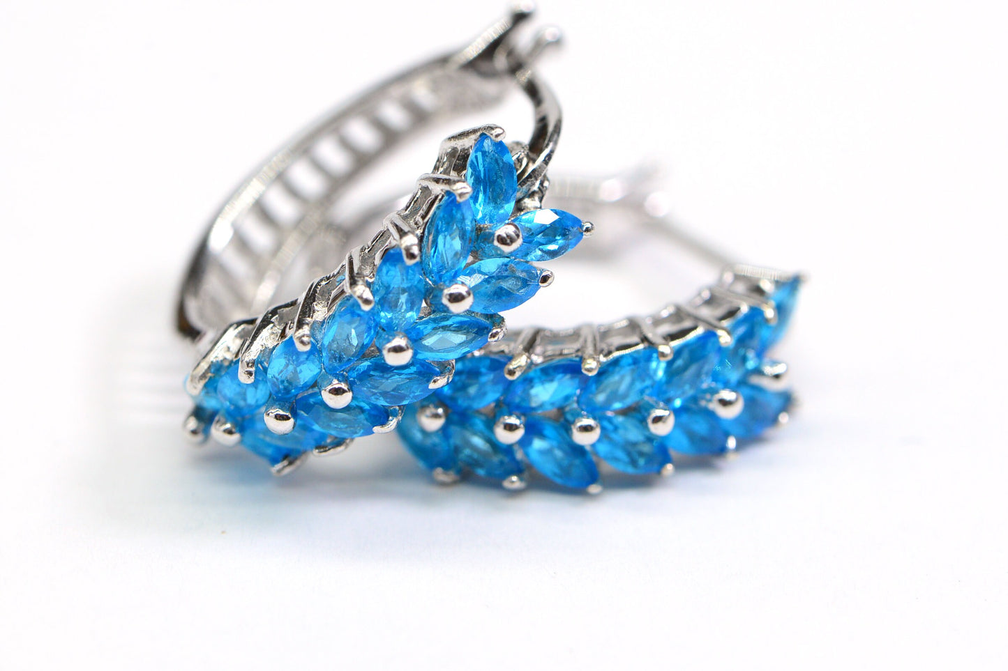 Sterling Silver Hoop Earrings with Blue Apatite Marquise