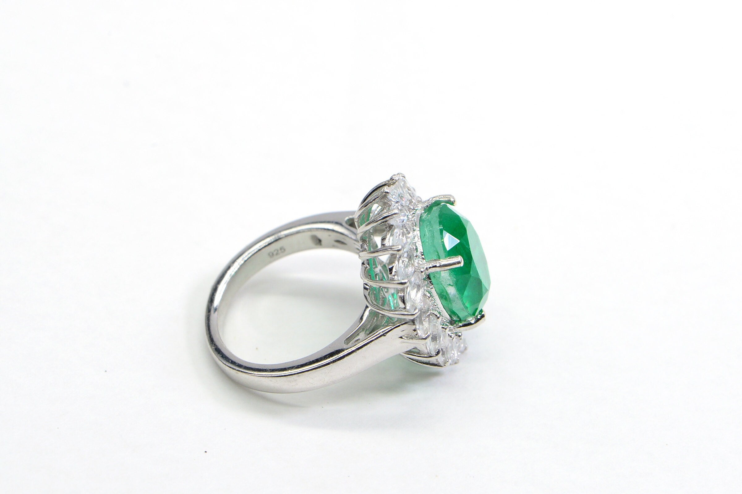 Vintage Doublet Emerald Ring White Topaz Large Cushion Gemstone Ring Sterling Silver