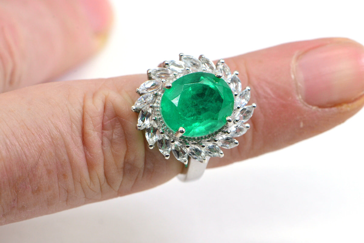 Vintage Doublet Emerald Ring White Topaz Large Cushion Gemstone Ring Sterling Silver