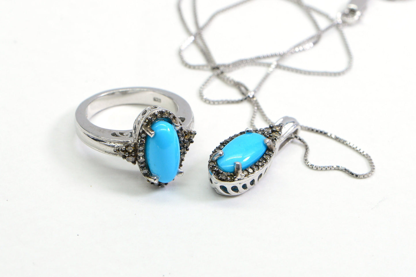 Sleeping Beauty Turquoise Ring and Pendant Set, Brown Diamond, Sterling Silver