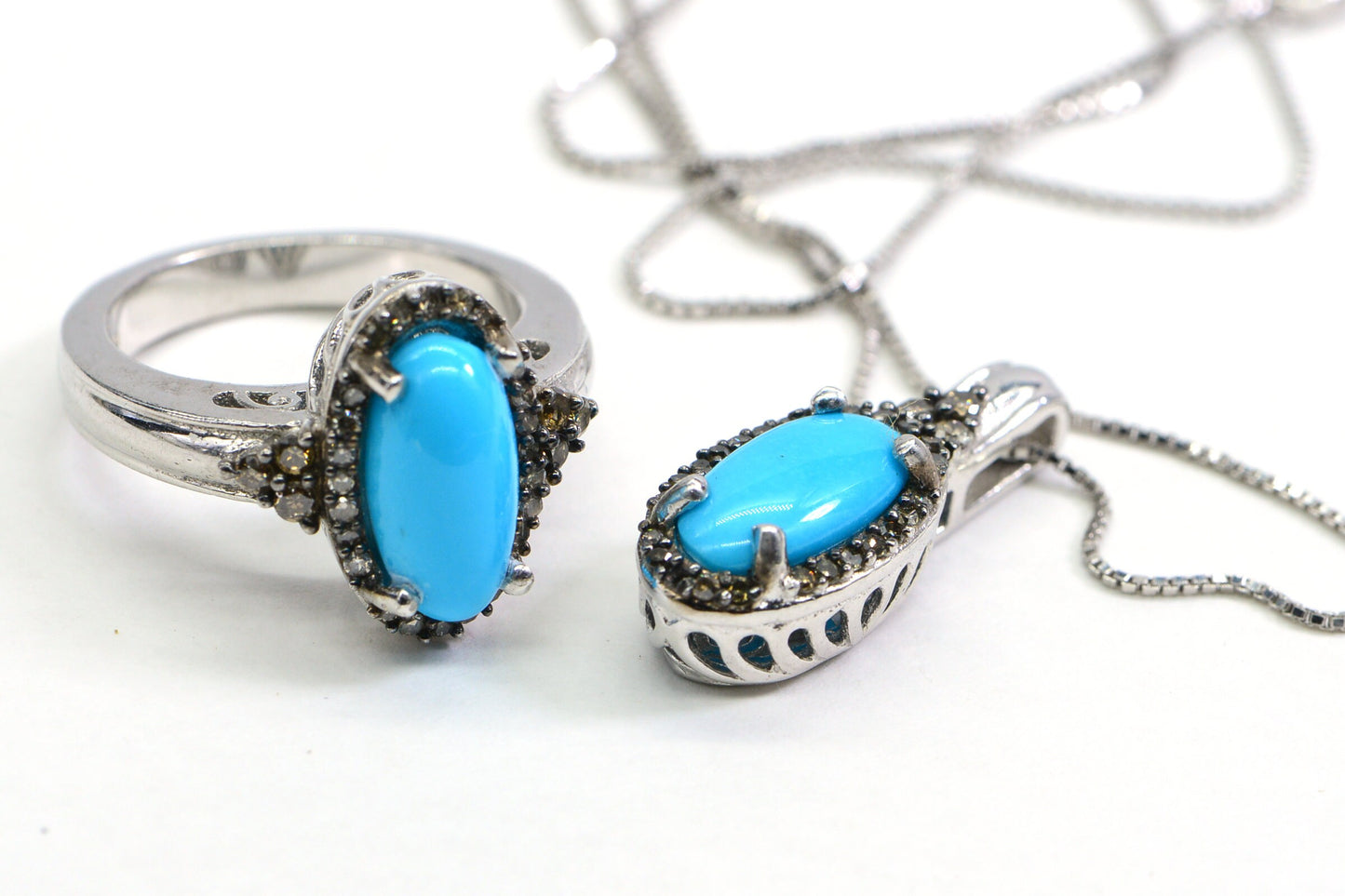 Sleeping Beauty Turquoise Ring and Pendant Set, Brown Diamond, Sterling Silver