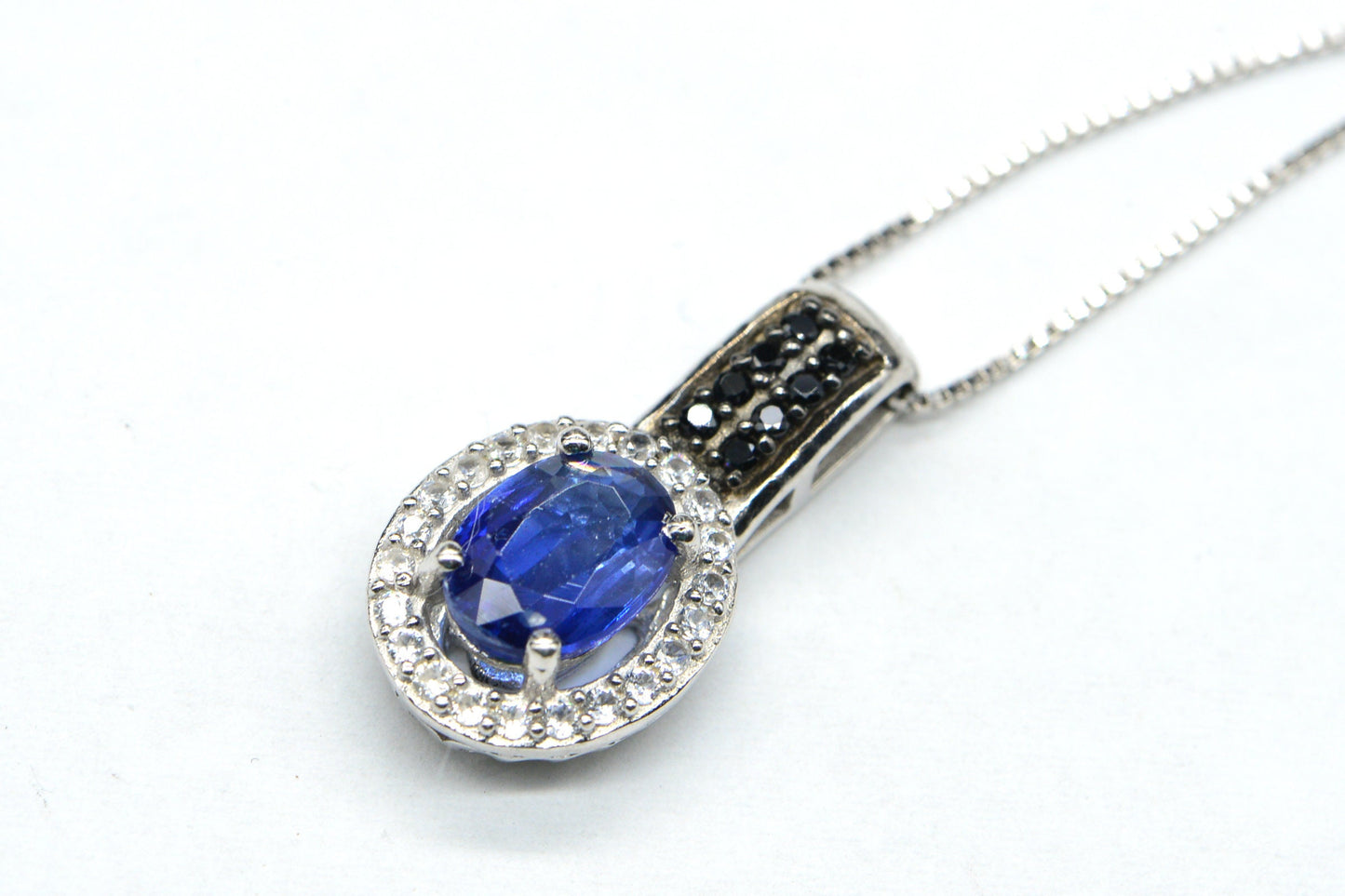 Deep Blue Kyanite Pendant, Halo Sterling Silver Jewelry