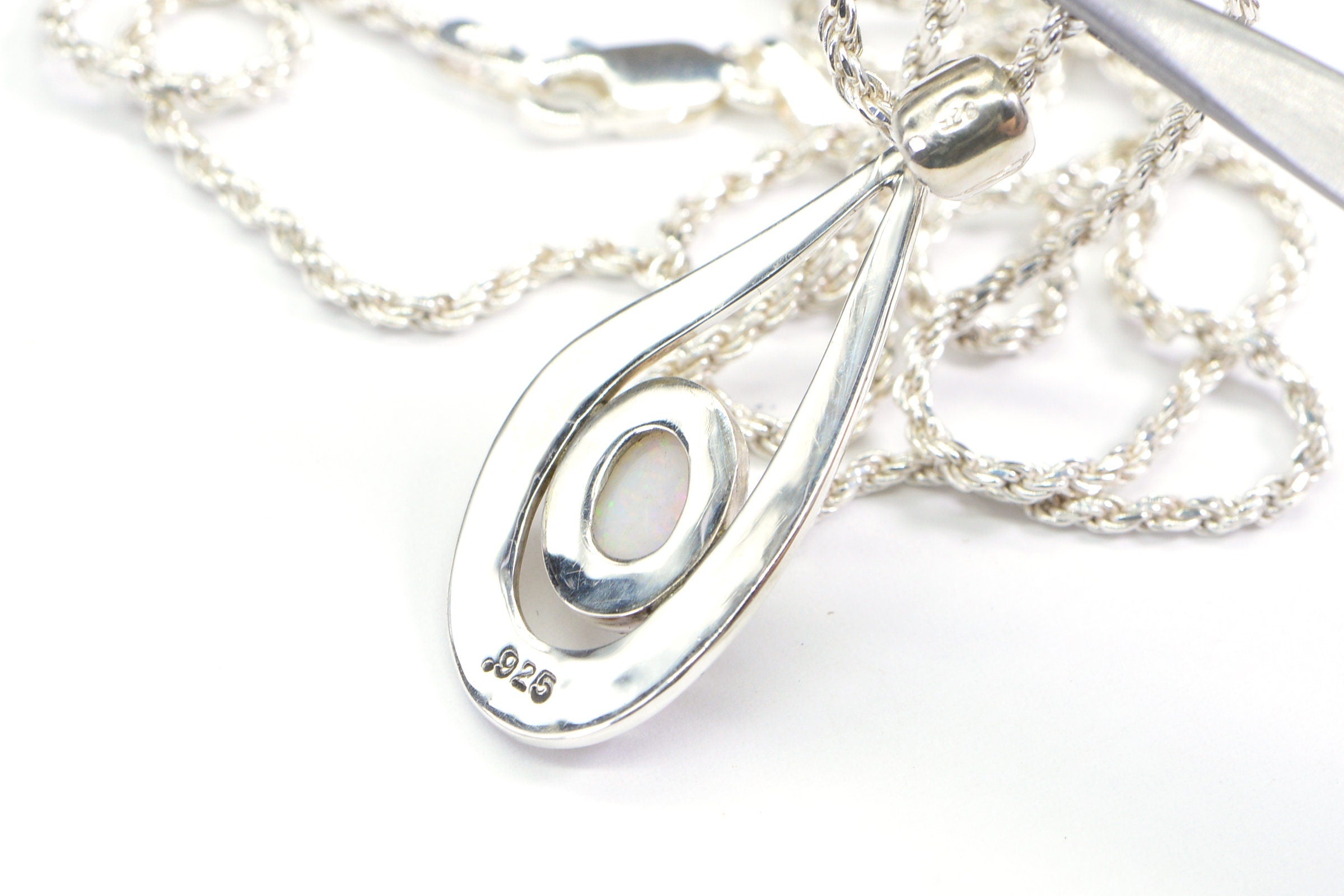 Australian White Opal Pendant: Sterling Silver Teardrop, Coober Pedy Opal