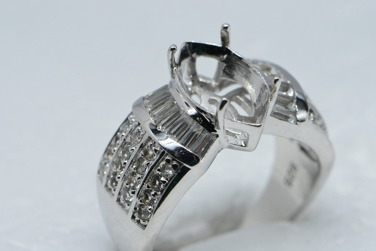 Sterling Silver Halo Ring Setting: Marquise Stone, White Topaz Accents, Size 8 1/4 US