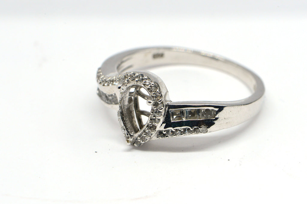 Sterling Silver Pear Cut Ring Blank: White Zircon Prong Setting, Size 11