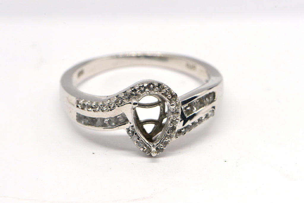 Sterling Silver Pear Cut Ring Blank: White Zircon Prong Setting, Size 11