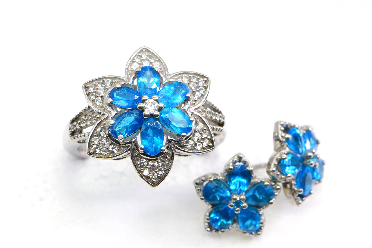 Sterling Silver Neon Apatite Flower Ring and Earrings Set