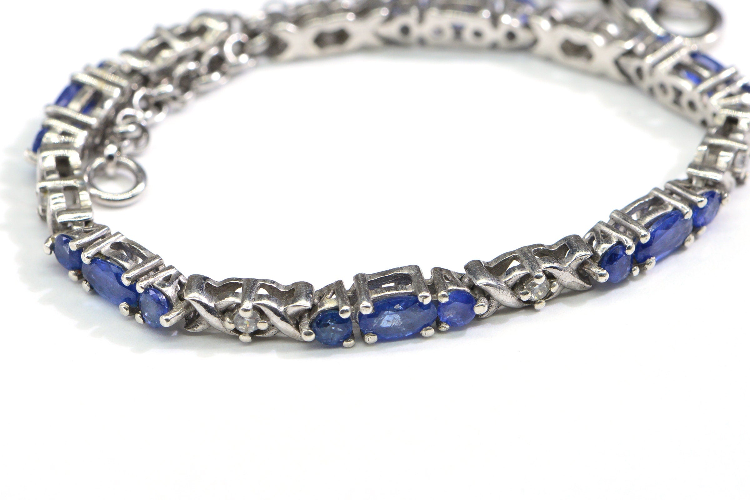Blue Sapphire Tennis Bracelet in Platinum Over Sterling Silver