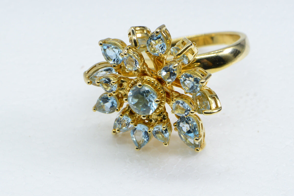 Aquamarine Ring 14K Yellow Gold Vermeil Flower Design Fashion Cocktail ring For Women