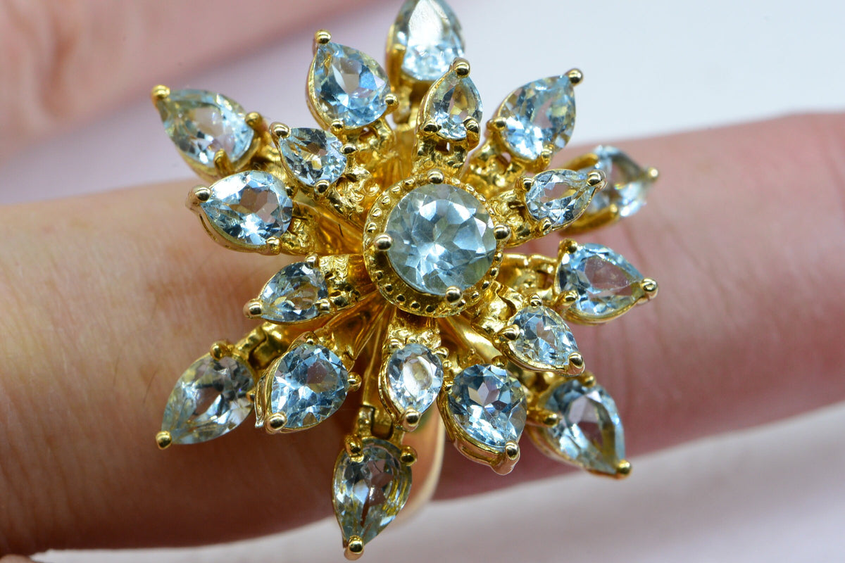 Aquamarine Ring 14K Yellow Gold Vermeil Flower Design Fashion Cocktail ring For Women
