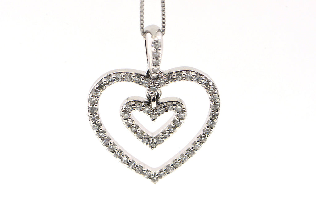 Diamond Double Heart Pendant: 14K White Gold Necklace