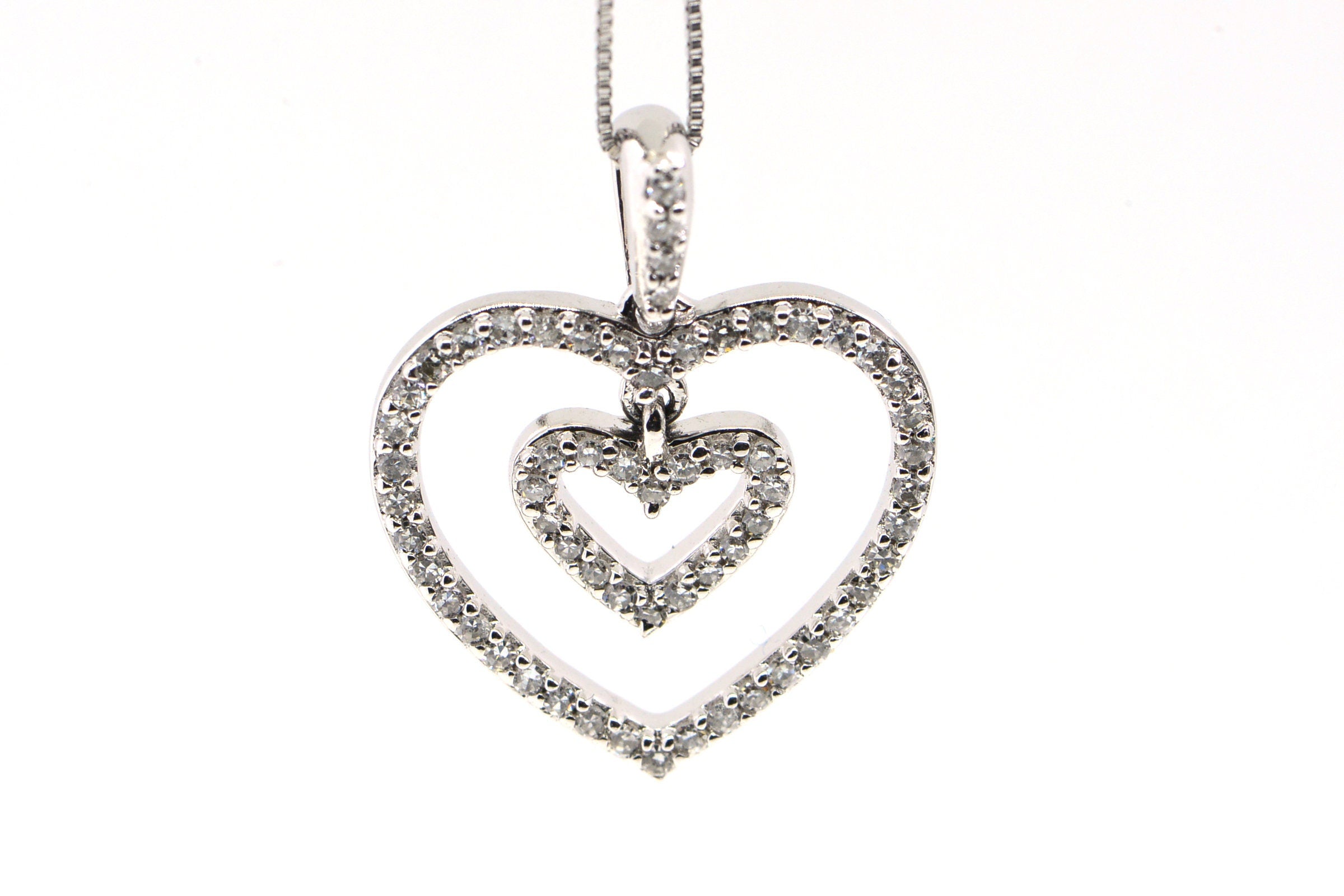 Diamond Double Heart Pendant: 14K White Gold Necklace