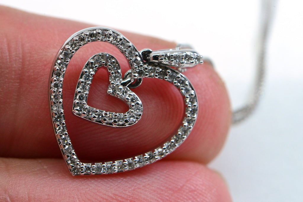 Diamond Double Heart Pendant: 14K White Gold Necklace