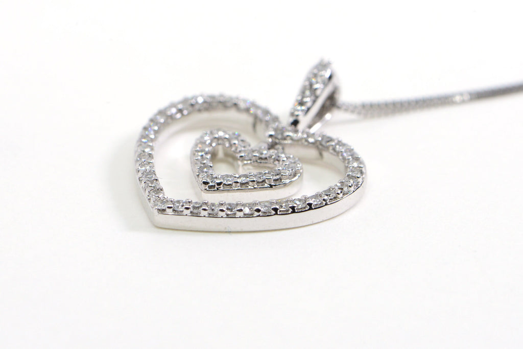 Diamond Double Heart Pendant: 14K White Gold Necklace