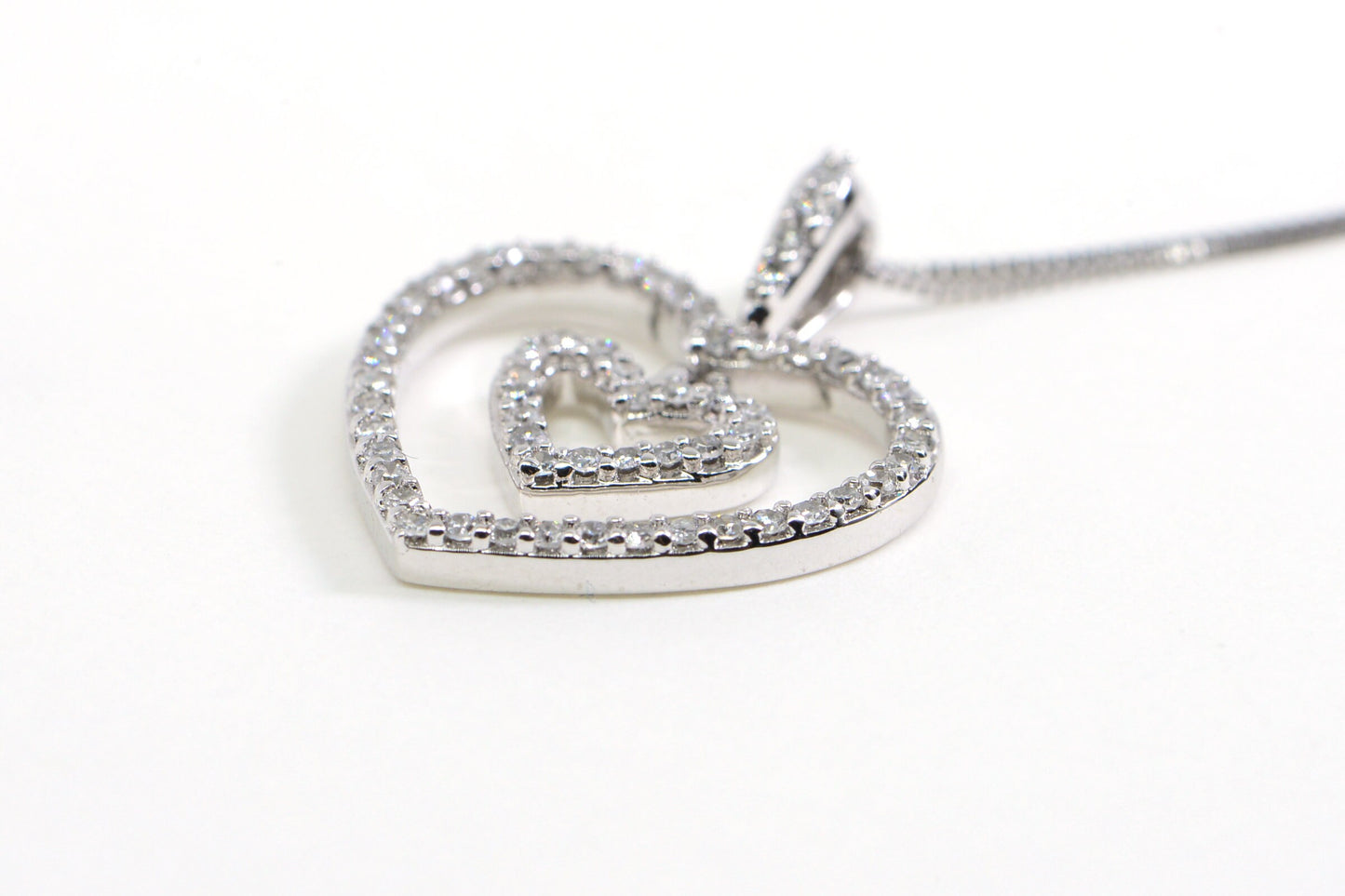 Diamond Double Heart Pendant: 14K White Gold Necklace