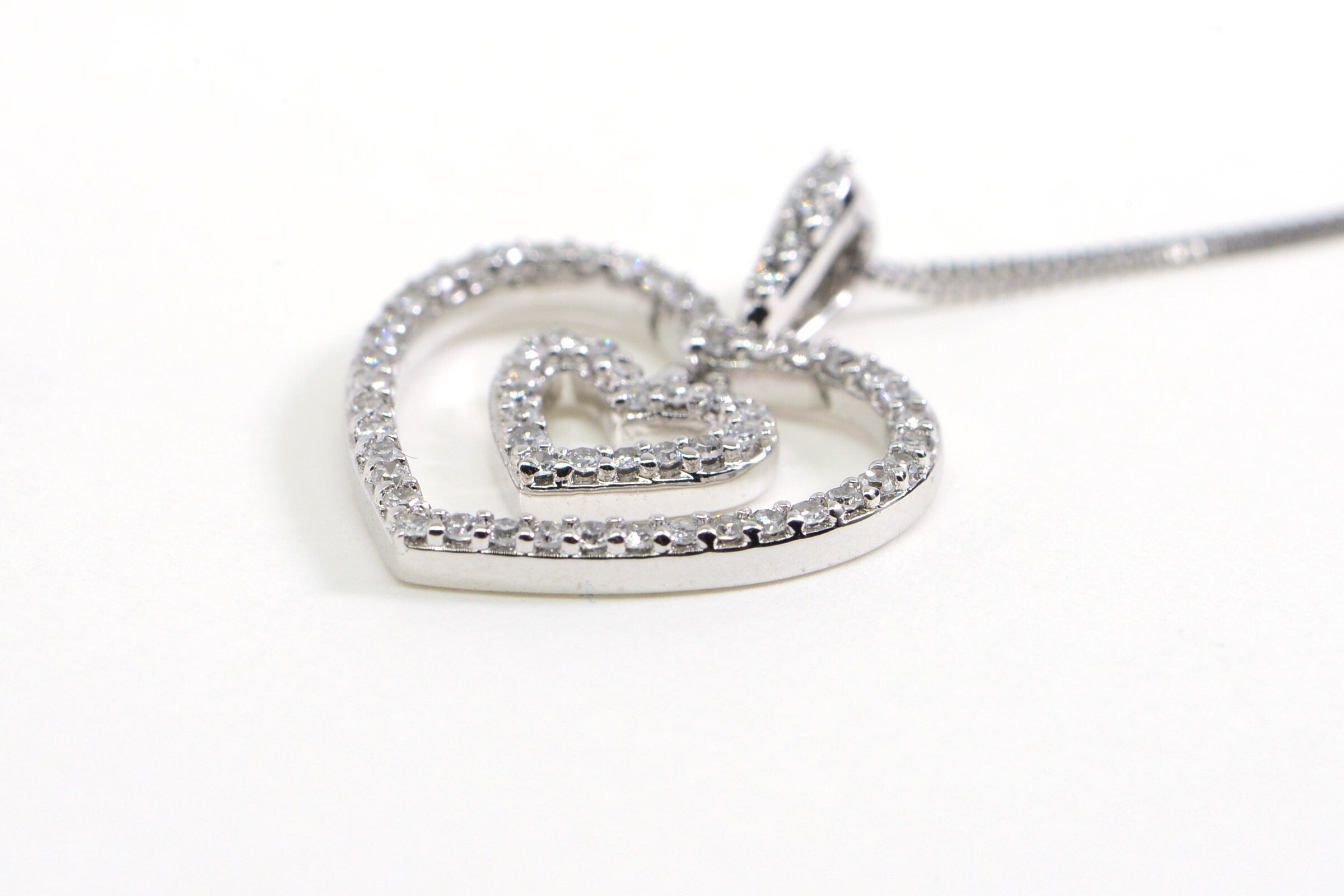 Diamond Double Heart Pendant: 14K White Gold Necklace
