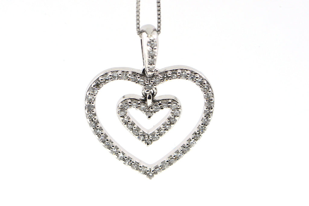 Diamond Double Heart Pendant: 14K White Gold Necklace