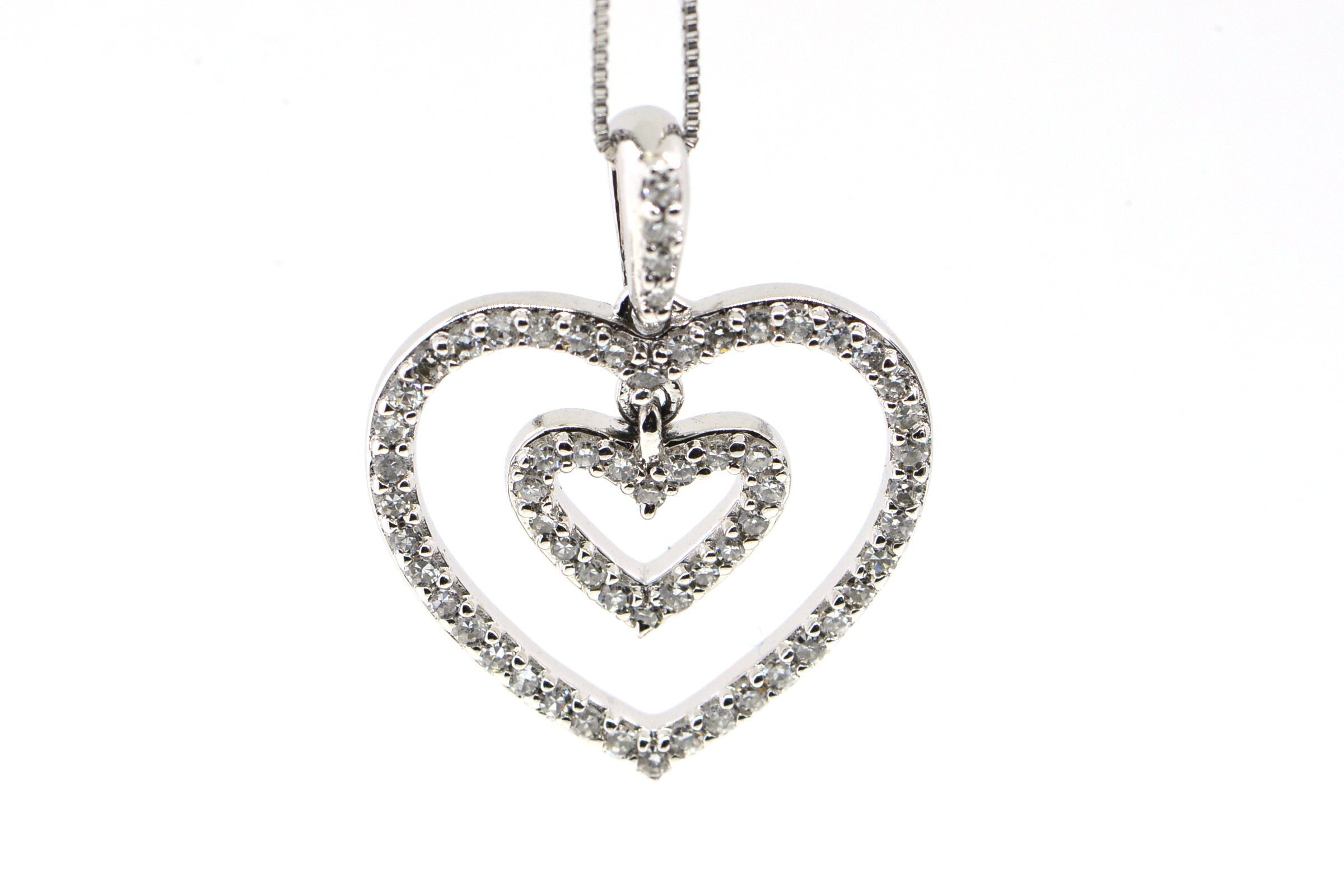 Diamond Double Heart Pendant: 14K White Gold Necklace