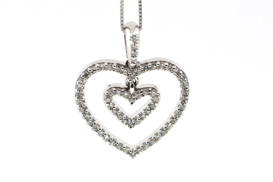 Diamond Double Heart Pendant: 14K White Gold Necklace