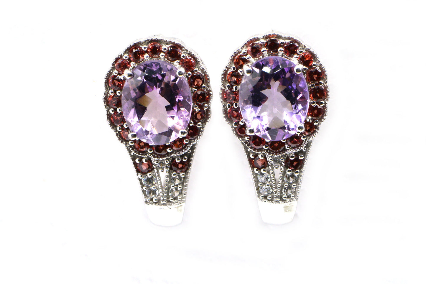 Rose de France Amethyst Sterling Silver Earrings, Garnet & Topaz Halo