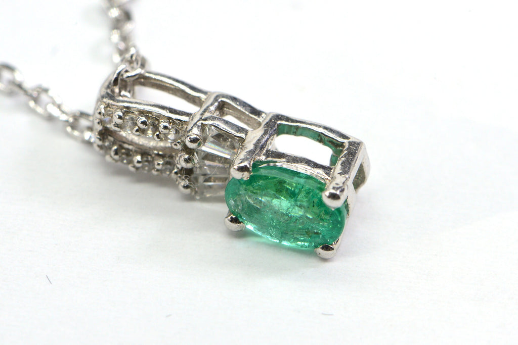 Genuine Colombian Emerald Halo Diamond Accent Sterling Silver Necklace Pendant Birthstone May Mothers Gift