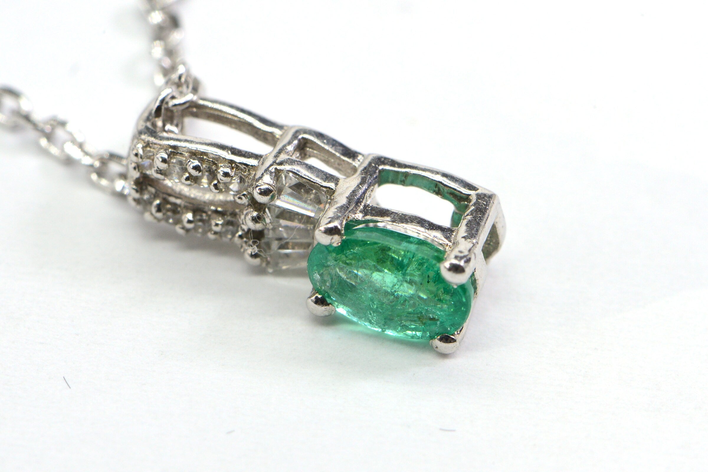Genuine Colombian Emerald Halo Diamond Accent Sterling Silver Necklace Pendant Birthstone May Mothers Gift