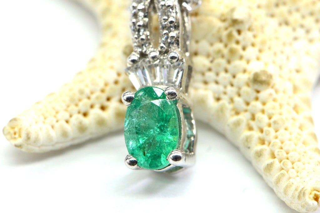 Genuine Colombian Emerald Halo Diamond Accent Sterling Silver Necklace Pendant Birthstone May Mothers Gift