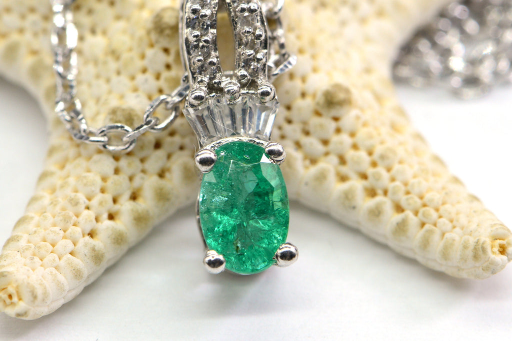 Genuine Colombian Emerald Halo Diamond Accent Sterling Silver Necklace Pendant Birthstone May Mothers Gift
