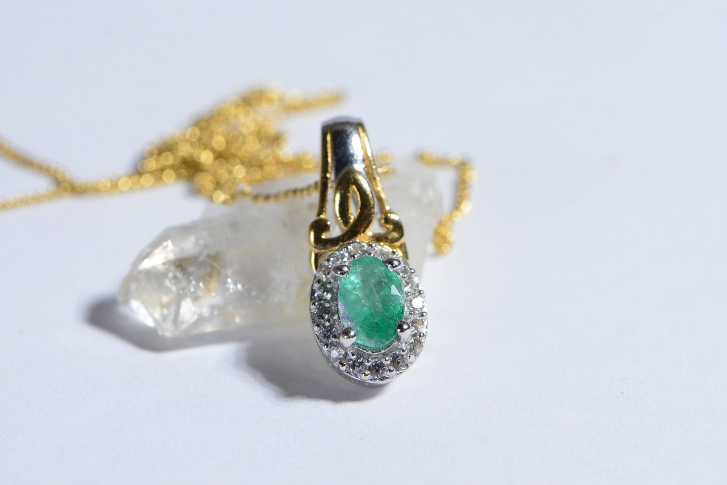 Colombian Emerald Halo Pendant, White Zircon, 14k Gold Over Sterling Silver