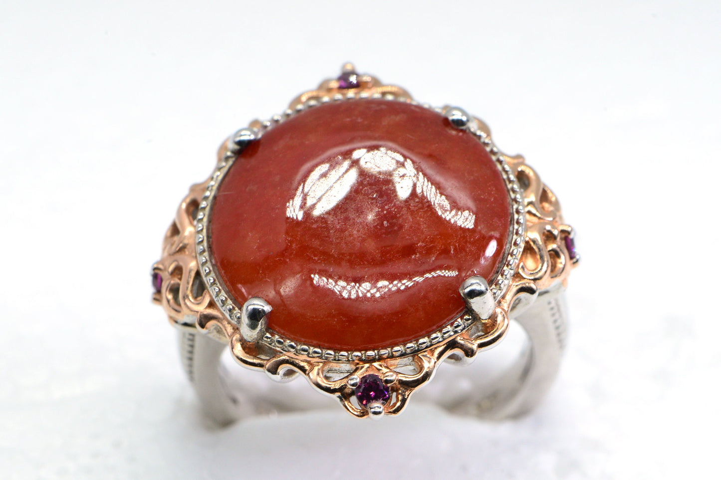 Red Jade Coattail Ring Multi Stone Two Metal Silver and Rose gold