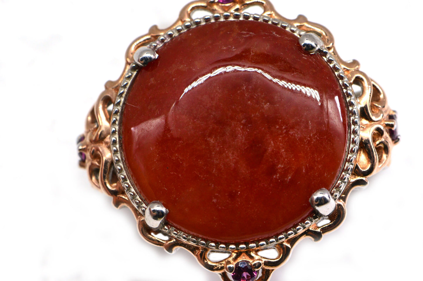 Red Jade Coattail Ring Multi Stone Two Metal Silver and Rose gold