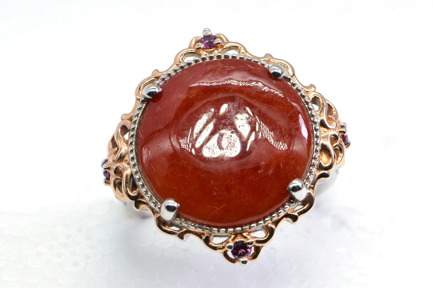 Red Jade Coattail Ring Multi Stone Two Metal Silver and Rose gold