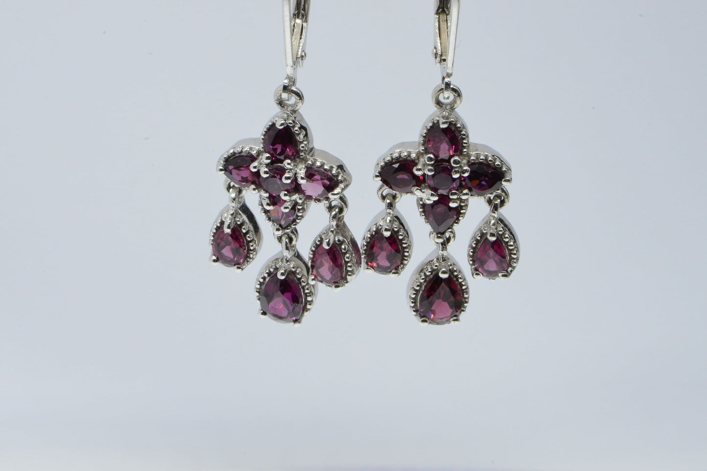 Rhodolite Garnet Cluster Drop Earrings, Platinum Plated Sterling Silver