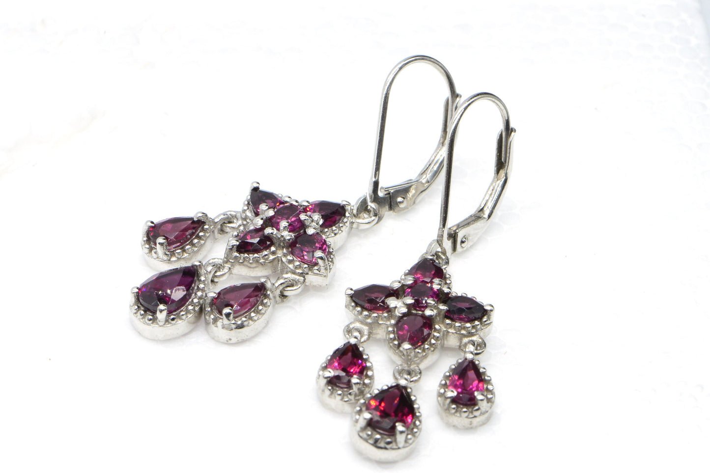 Rhodolite Garnet Cluster Drop Earrings, Platinum Plated Sterling Silver