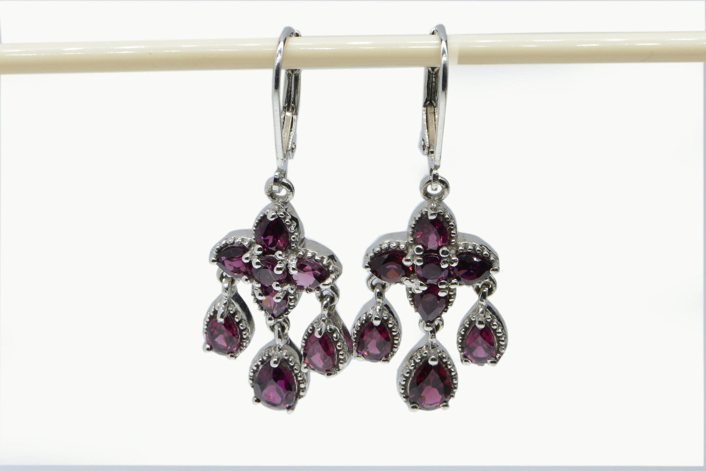 Rhodolite Garnet Cluster Drop Earrings, Platinum Plated Sterling Silver