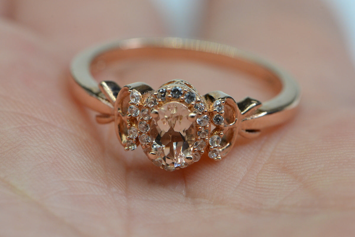 Morganite Engagement Ring: Oval Pink Stone, Rose Gold Over Sterling Silver