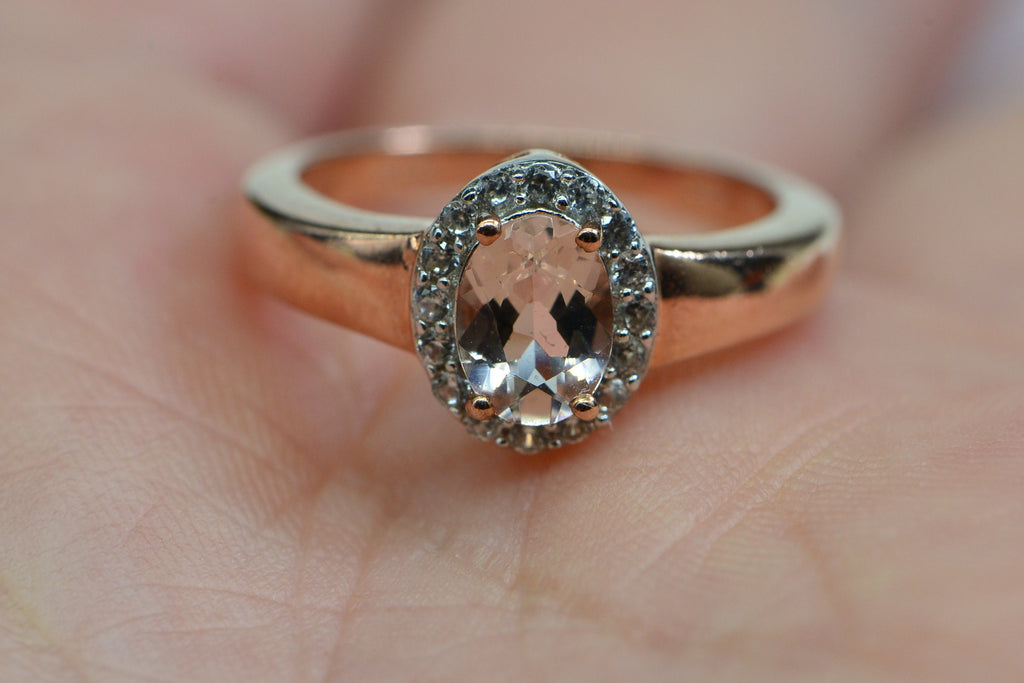 Genuine Morganite Engagement Ring  Solitaire Rose Gold Over Sterling Silver Oval Pink Stone Ring
