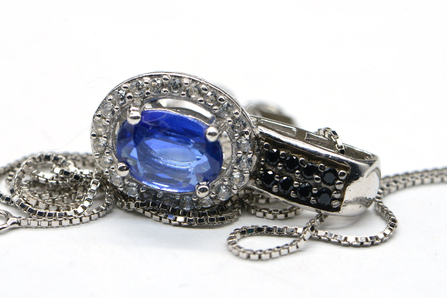 Deep Blue Kyanite Pendant, Halo Sterling Silver Jewelry